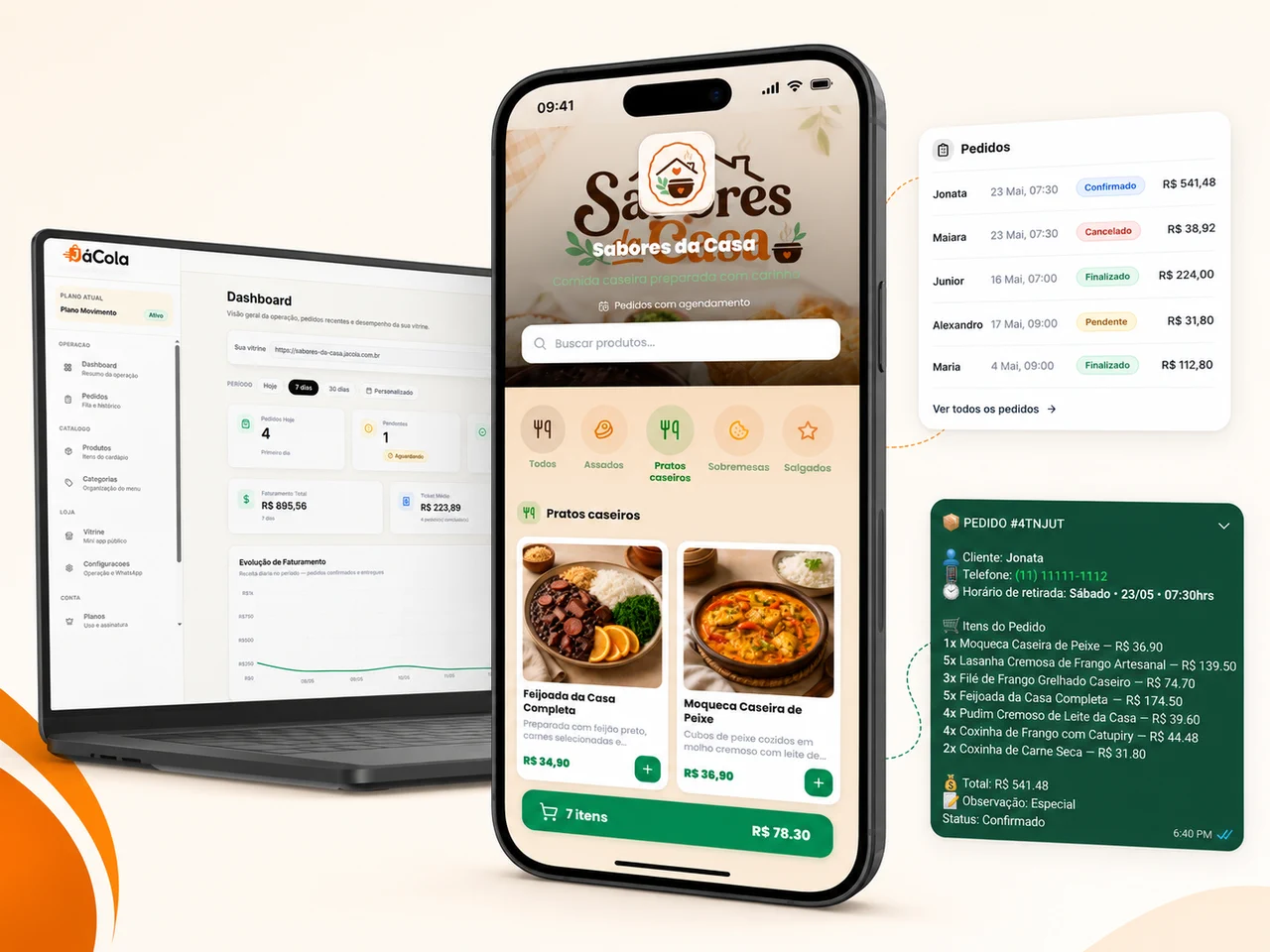 Vitrine digital do JáCola com painel de gestão, pedidos e integração com WhatsApp.