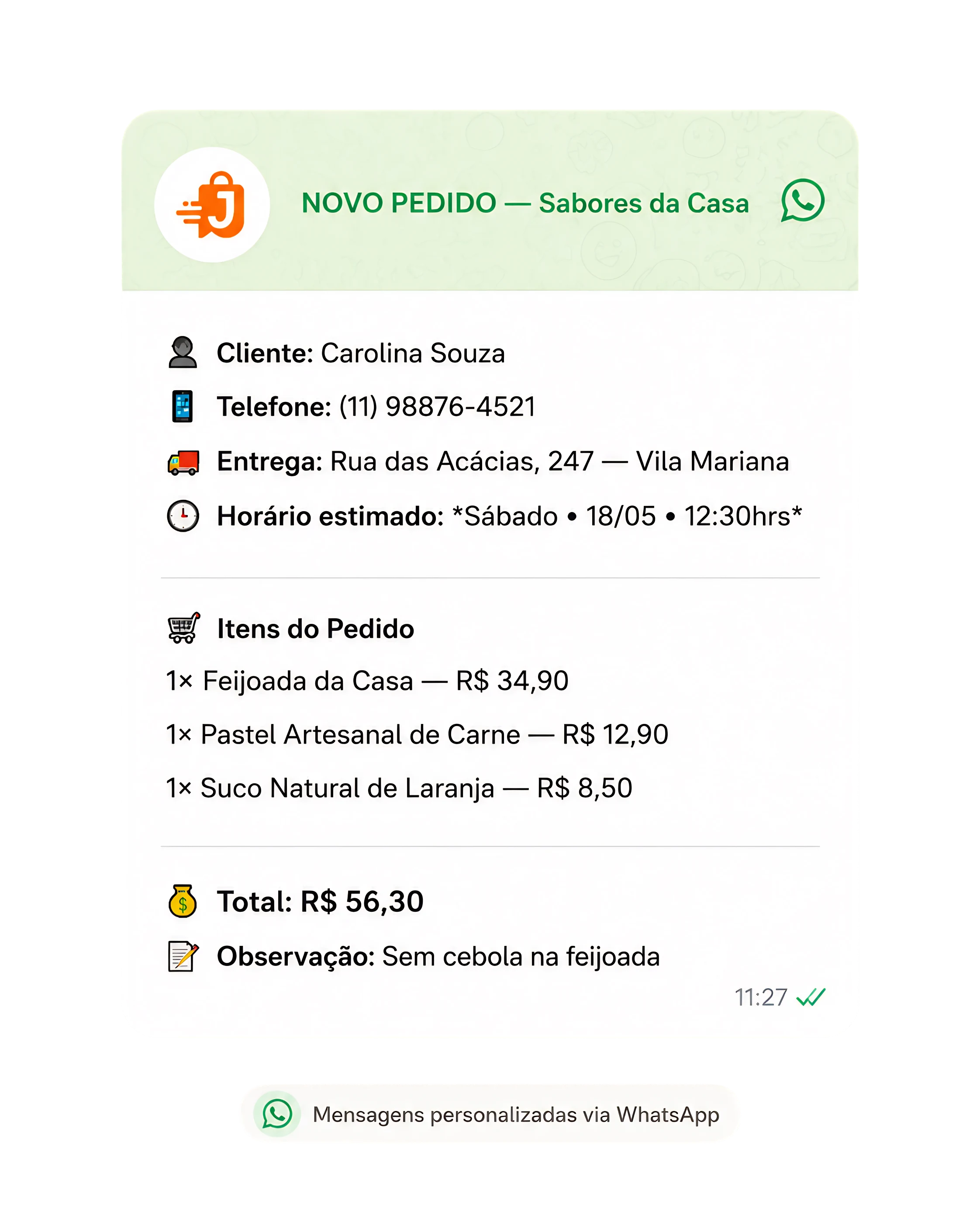Mensagem de WhatsApp com pedido organizado, cliente, entrega, itens, total e observação.