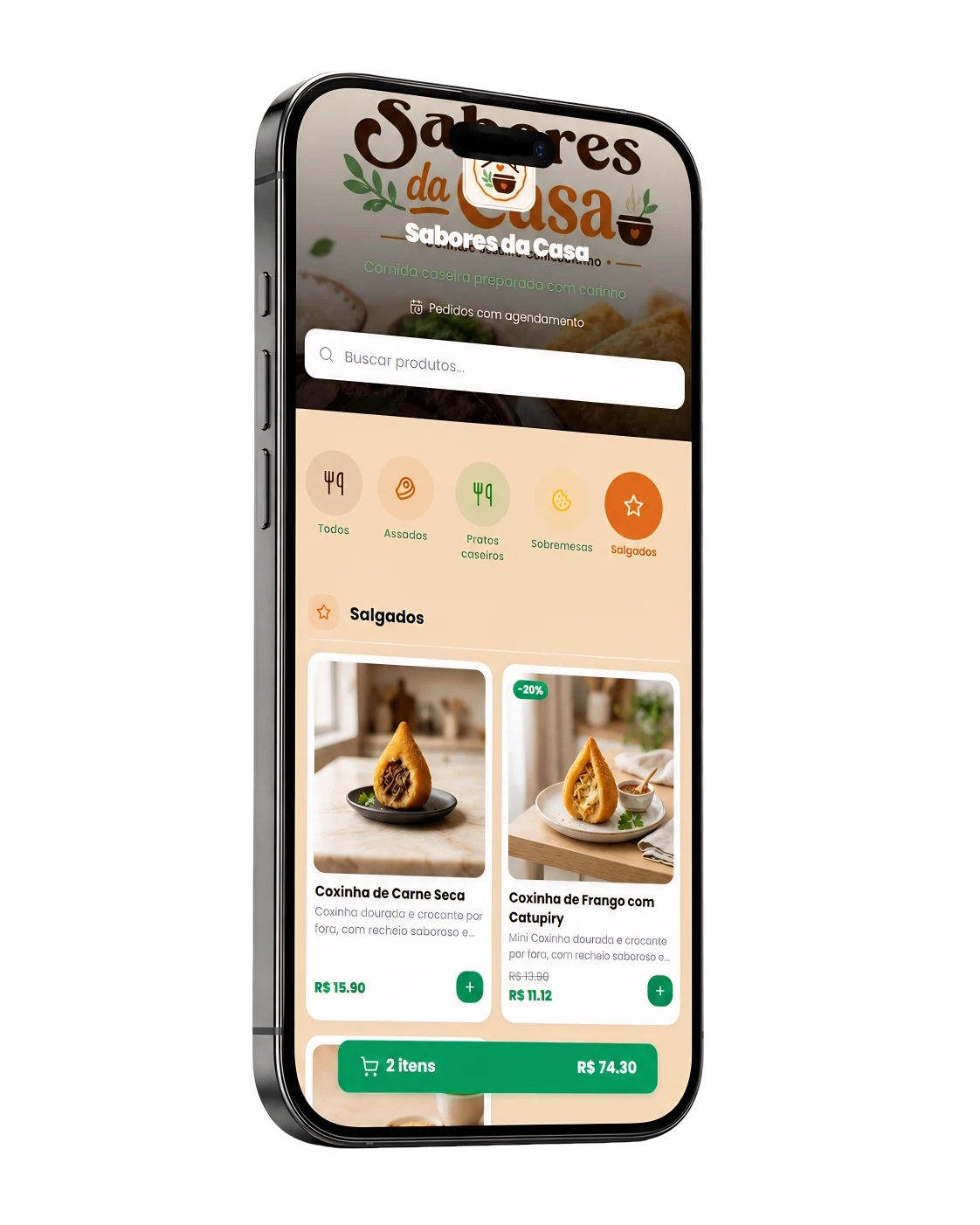 Celular exibindo a vitrine online de uma loja local no JáCola.